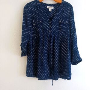Motherhood Maternity polka dot long sleeve blue blouse size L